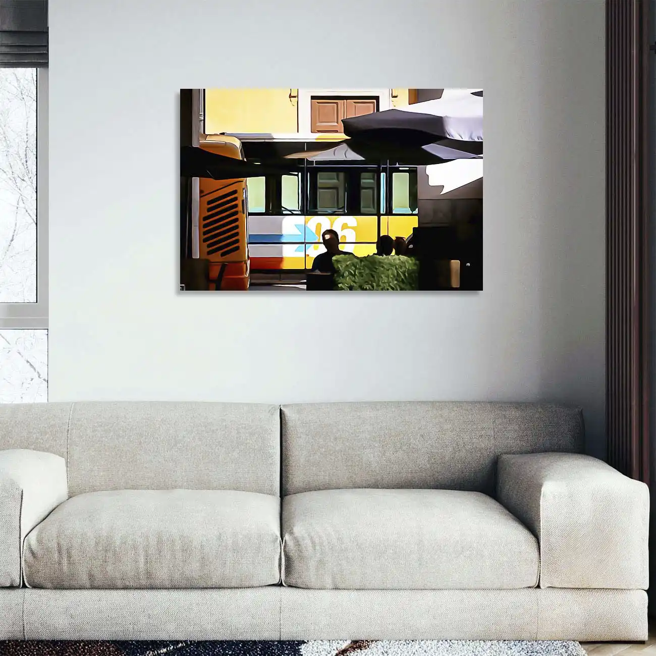 Idée décoration murale : grand format photo de Nice dans un style pop, graphique et coloré installé dans un salon moderne et clair.
