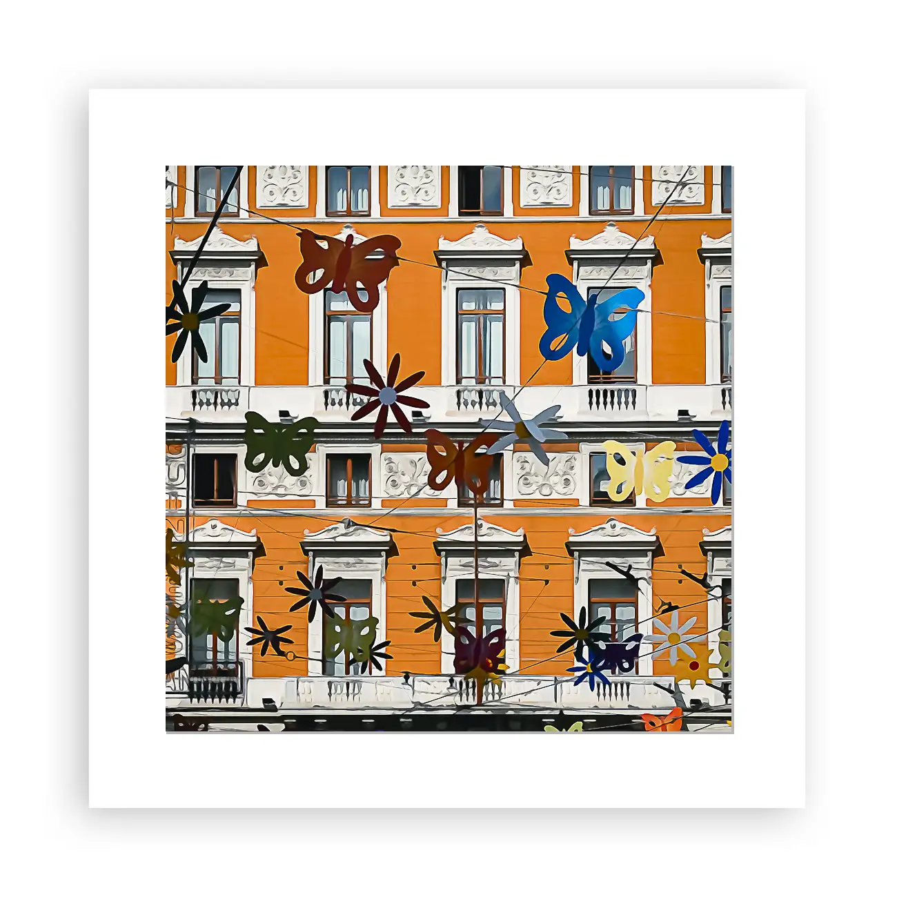 Photographie d'art de Gênes en Italie : façades colorées typiques, décoration et architecture italienne sous un ciel d'été bleu azur.