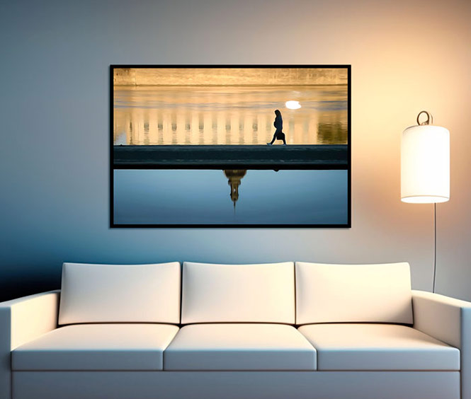 photomontage représentant une photographie dans un salon dans des teintes douces